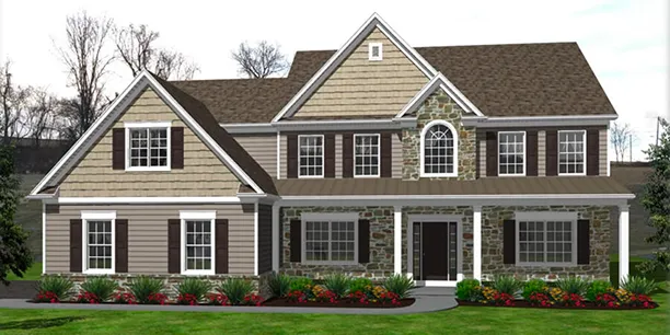 Exterior rendering of Broad View, a 2-story custom home plan by ISM Construction featuring 3,356 sq. ft., 5 bedrooms, and 3.5 bathrooms.