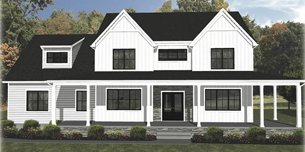 Exterior rendering of Farm View, a 2-story custom home plan by ISM Construction featuring 3,040 sq. ft., 4 bedrooms, and 2.5 bathrooms.