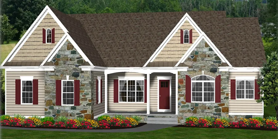 Exterior rendering of Foles Court, a 1-story custom home plan by ISM Construction featuring 2,208 sq. ft., 3 bedrooms, and 2 bathrooms.