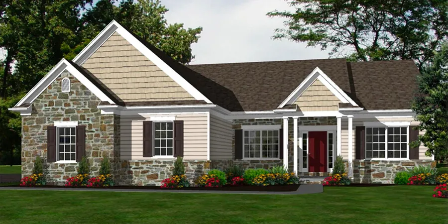 Exterior rendering of Hollins Place, a 1-story custom home plan by ISM Construction featuring 1,966 sq. ft., 3 bedrooms, and 2 bathrooms.