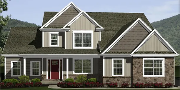 Exterior rendering of Long Lane, a 2-story custom home plan by ISM Construction featuring 2,354 sq. ft., 4 bedrooms, and 2.5 bathrooms.