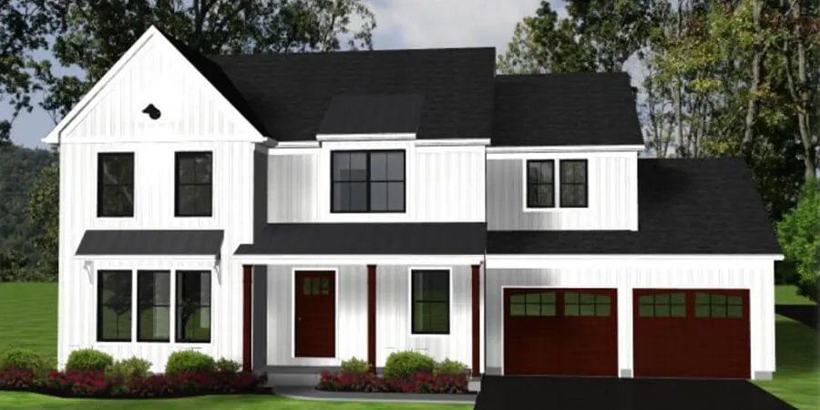 Exterior rendering of Oakdale II, a 2-story custom home plan by ISM Construction featuring 2,148 sq. ft., 4 bedrooms, and 2.5 bathrooms.