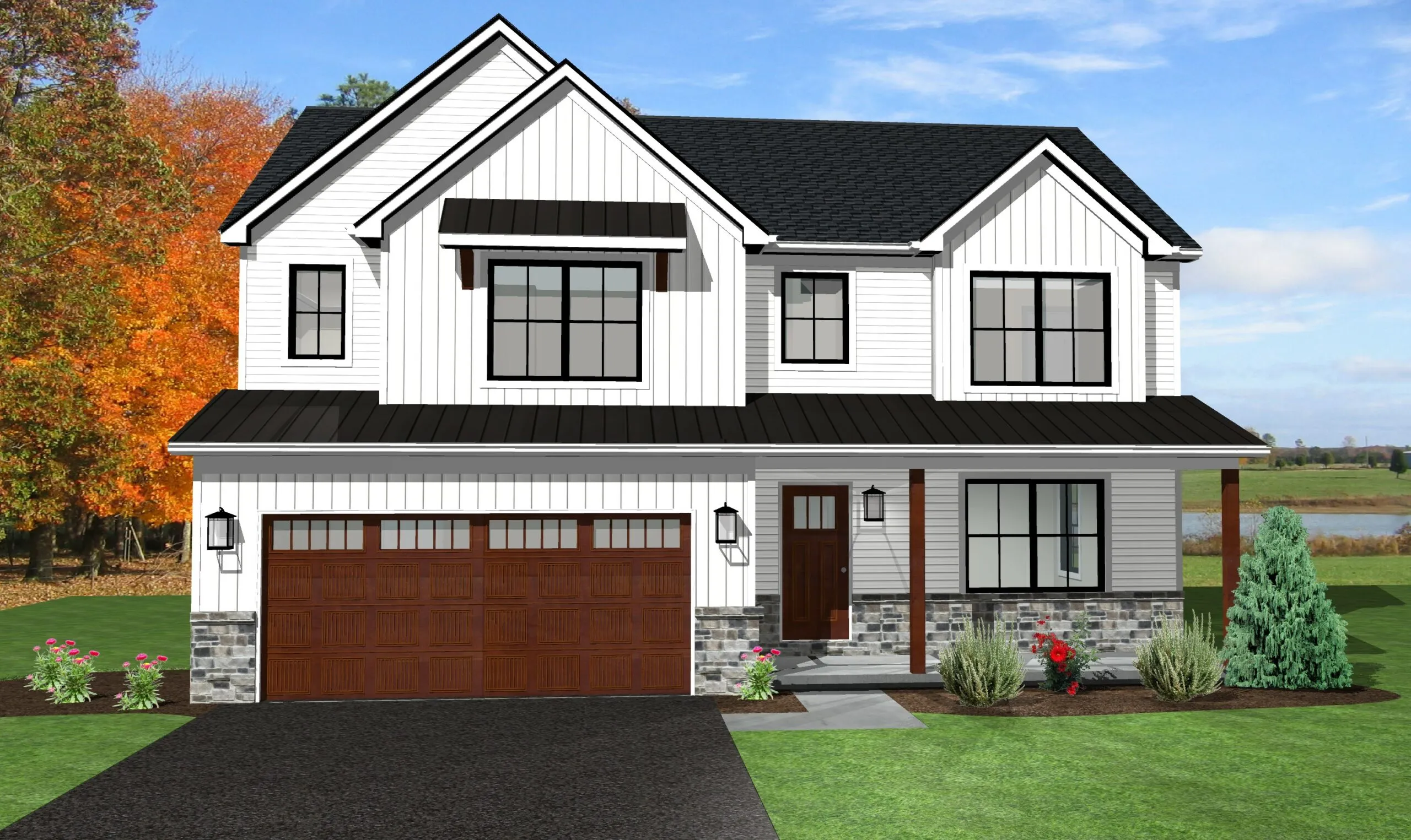 Exterior rendering of The Birchwood, a 2-story custom home plan by ISM Construction featuring 2,057 sq. ft., 4 bedrooms, and 2.5 bathrooms.