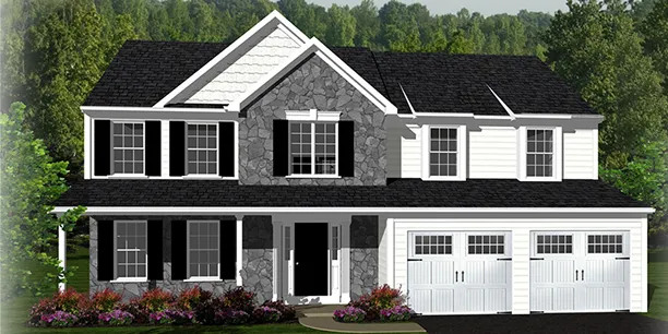 Exterior rendering of The Cedar Crest, a 2-story custom home plan by ISM Construction featuring 2,590 sq. ft., 4 bedrooms, and 2.5 bathrooms.