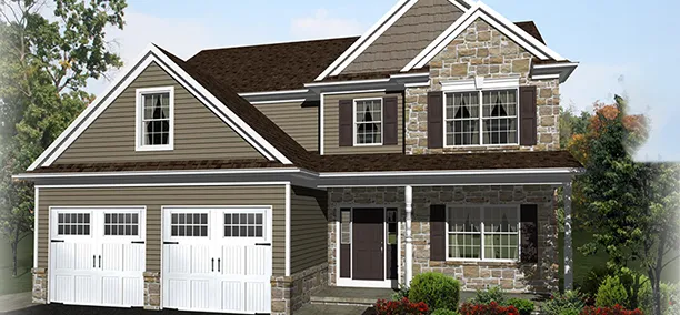 Exterior rendering of The Cherry Blossom I, a 2-story custom home plan by ISM Construction featuring 2,333 sq. ft., 4 bedrooms, and 2.5 bathrooms.