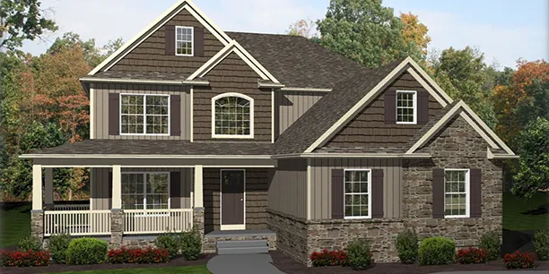 Exterior rendering of The Clement, a 2-story custom home plan by ISM Construction featuring 2,494 sq. ft., 3 bedrooms, and 2.5 bathrooms.