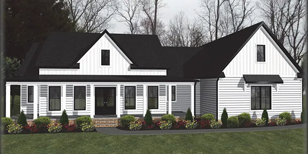 Exterior rendering of The Hellam, a 1-story custom home plan by ISM Construction featuring 2,493 sq. ft., 3 bedrooms, and 2.5 bathrooms.