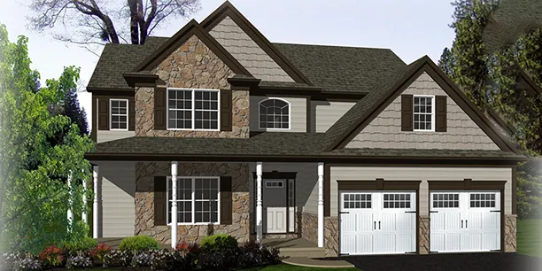 Exterior rendering of The Hemlock, a 2-story custom home plan by ISM Construction featuring 2,448 sq. ft., 4 bedrooms, and 2.5 bathrooms.