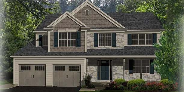 Exterior rendering of The Maplewood, a 2-story custom home plan by ISM Construction featuring 2,394 sq. ft., 4 bedrooms, and 2.5 bathrooms.