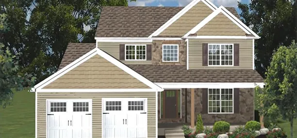 Exterior rendering of The Pederson, a 2-story custom home plan by ISM Construction featuring 2,292 sq. ft., 4 bedrooms, and 2.5 bathrooms.