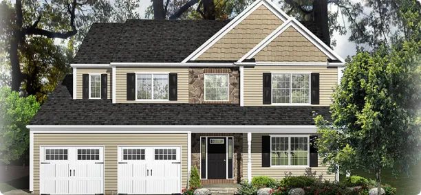 Exterior rendering of The Redwood, a 2-story custom home plan by ISM Construction featuring 2,268 sq. ft., 4 bedrooms, and 2.5 bathrooms.