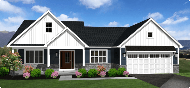Exterior rendering of The Elmwood, a 1-story custom home plan by ISM Construction featuring 1,628 sq. ft., 3 bedrooms, and 2 bathrooms.