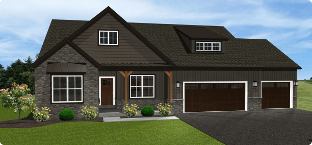 Exterior rendering of The Lincoln, a 1-story custom home plan by ISM Construction featuring 1,800 sq. ft., 3 bedrooms, and 2 bathrooms.
