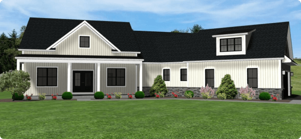Exterior rendering of The Milestone, a 2-story custom home plan by ISM Construction featuring 2,333 sq. ft., 3 bedrooms, and 2.5 bathrooms.
