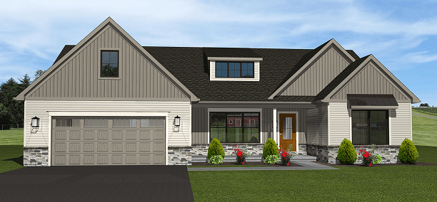 Exterior rendering of The Alder, a 1-story custom home plan by ISM Construction featuring 1,782 sq. ft., 3 bedrooms, and 2 bathrooms.