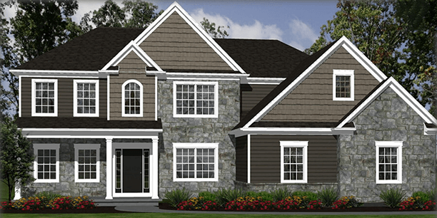 Exterior rendering of The Roseman, a 2-story custom home plan by ISM Construction featuring 2,960 sq. ft., 4 bedrooms, and 3.5 bathrooms.