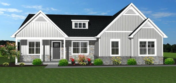 Exterior rendering of The Beechwood, a 1-story custom home plan by ISM Construction featuring 1,495 sq. ft., 3 bedrooms, and 2 bathrooms.