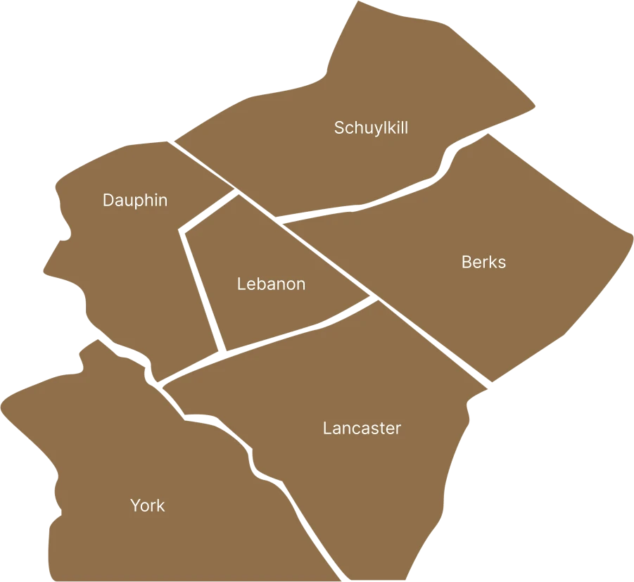 A clean regional map marking the six Pennsylvania counties ISM Construction serves—Schuylkill, Berks, Lebanon, Dauphin, Lancaster and York.